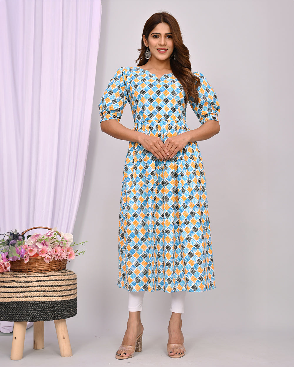 Printed Knee Length Nayra Cut Cotton Kurti