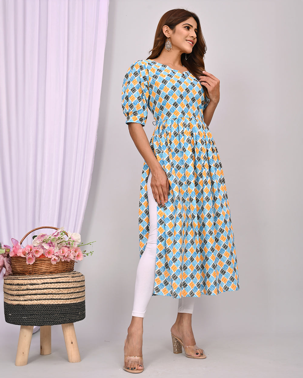 Printed Knee Length Nayra Cut Cotton Kurti