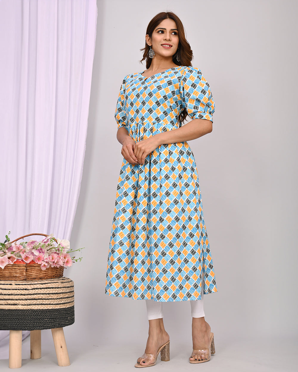 Printed Knee Length Nayra Cut Cotton Kurti
