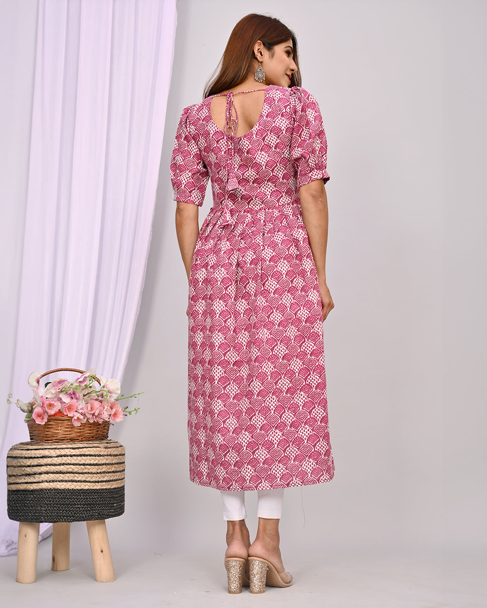 Wine Color Printed Knee Length Nayra Cut Cotton Kurti