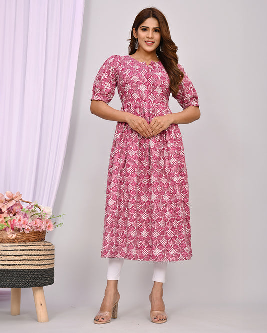 Wine Color Printed Knee Length Nayra Cut Cotton Kurti