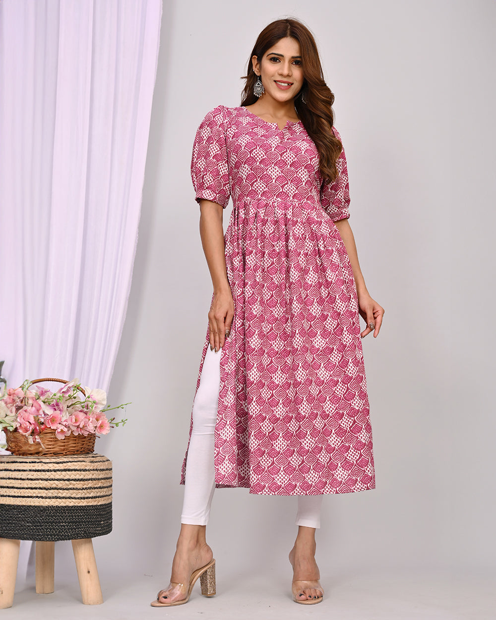 Wine Color Printed Knee Length Nayra Cut Cotton Kurti