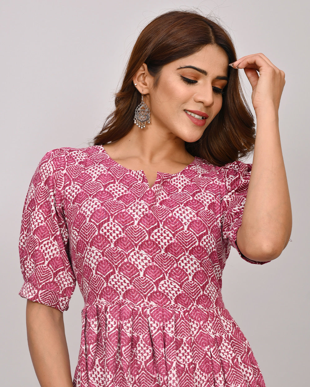 Wine Color Printed Knee Length Nayra Cut Cotton Kurti