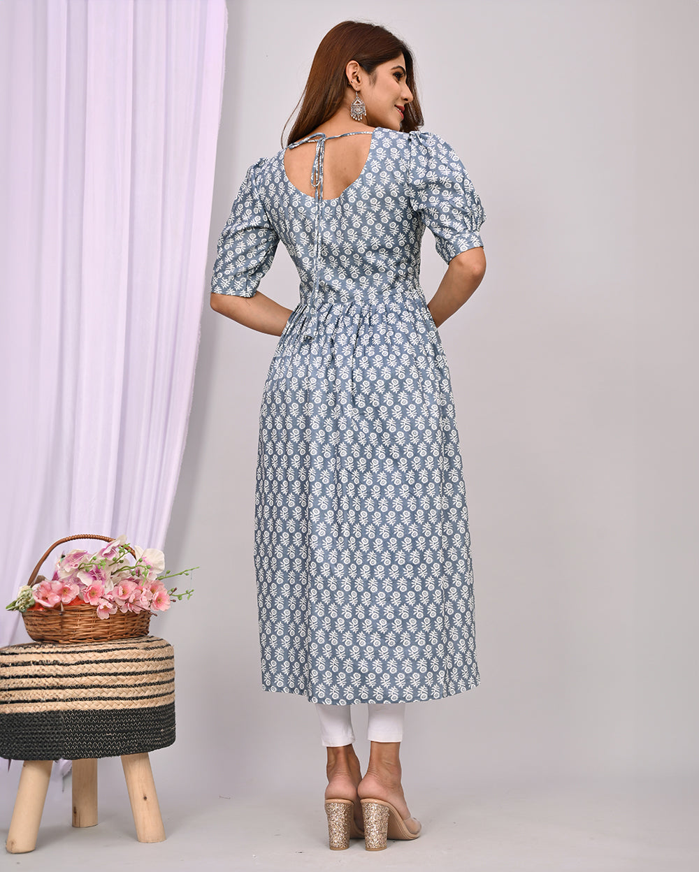 Gray Color Floral Printed Knee Length Nayra Cut Cotton Kurti