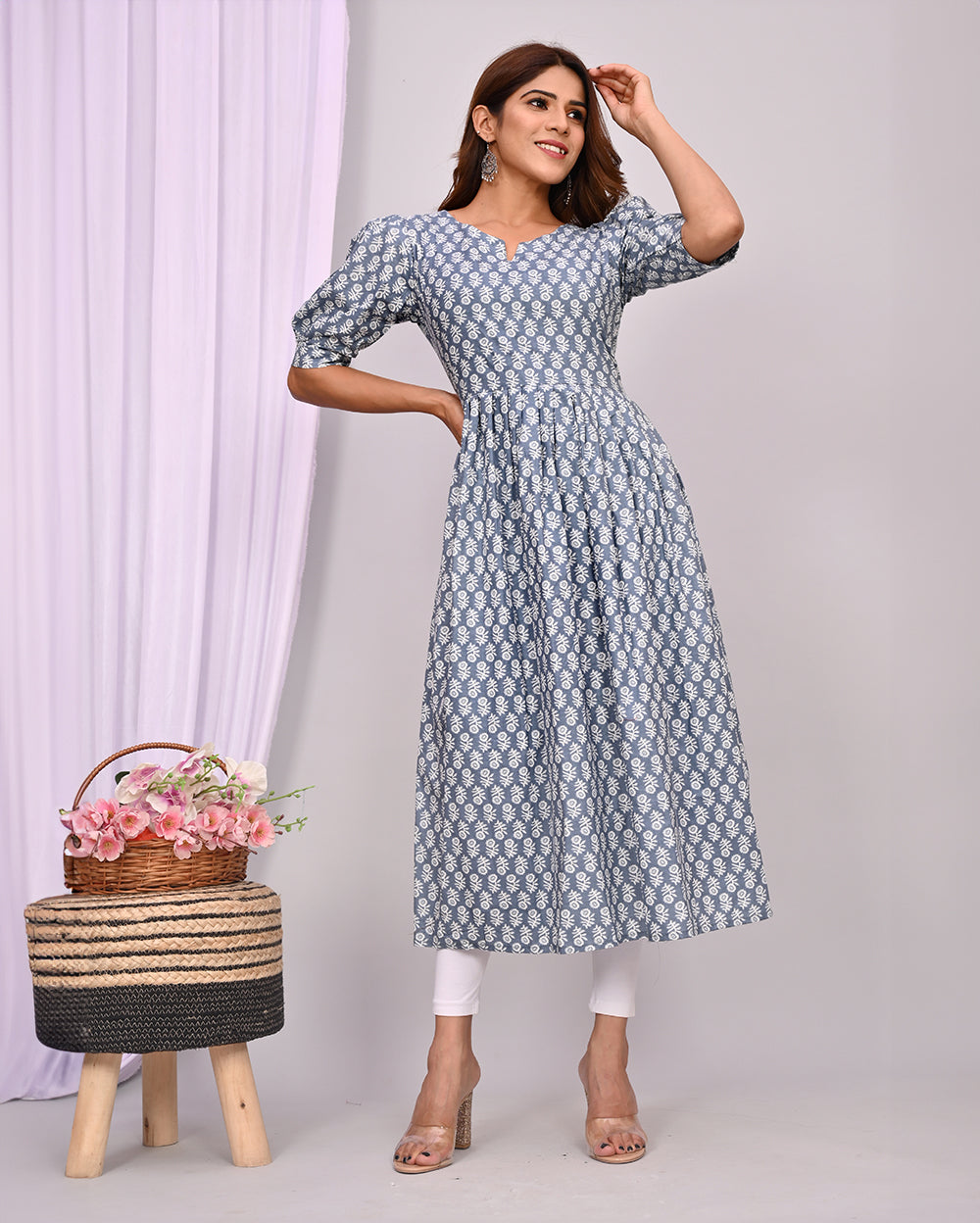 Gray Color Floral Printed Knee Length Nayra Cut Cotton Kurti