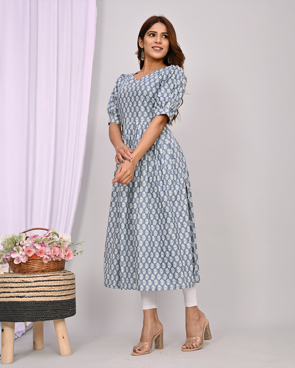 Gray Color Floral Printed Knee Length Nayra Cut Cotton Kurti