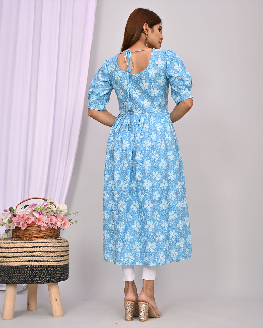 Sky Blue Floral Printed Knee Length Nayra Cut Cotton Kurti