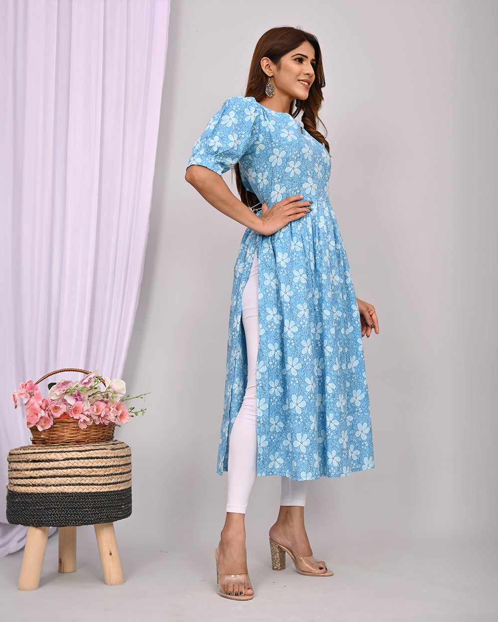 Sky Blue Floral Printed Knee Length Nayra Cut Cotton Kurti