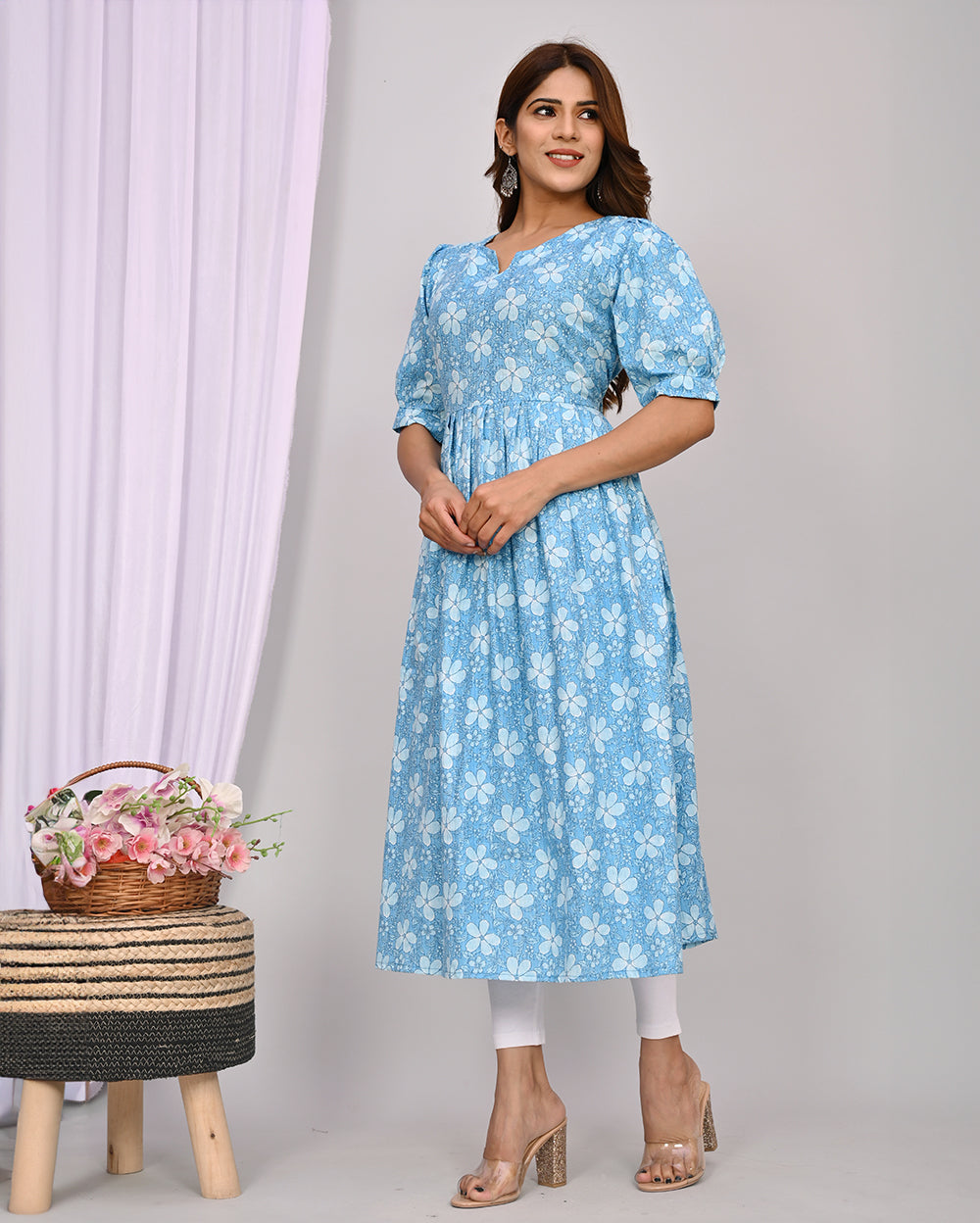 Sky Blue Floral Printed Knee Length Nayra Cut Cotton Kurti