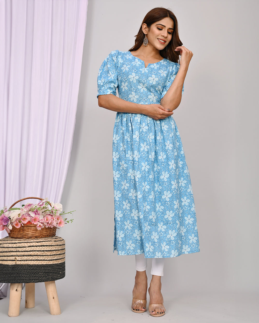 Sky Blue Floral Printed Knee Length Nayra Cut Cotton Kurti