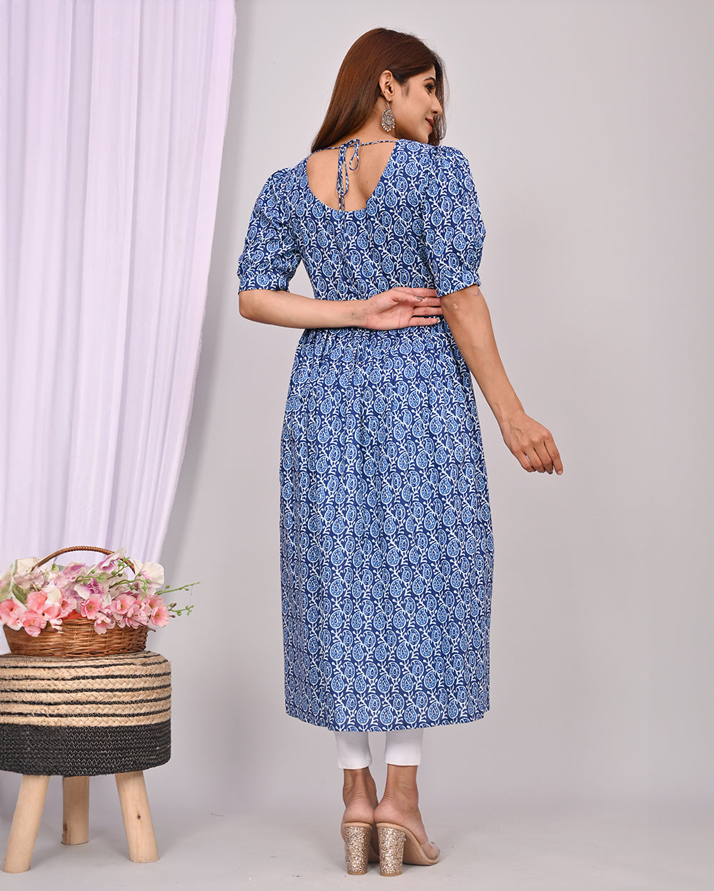 Indigo Buti Printed Knee Length Nayra Cut Cotton Kurti