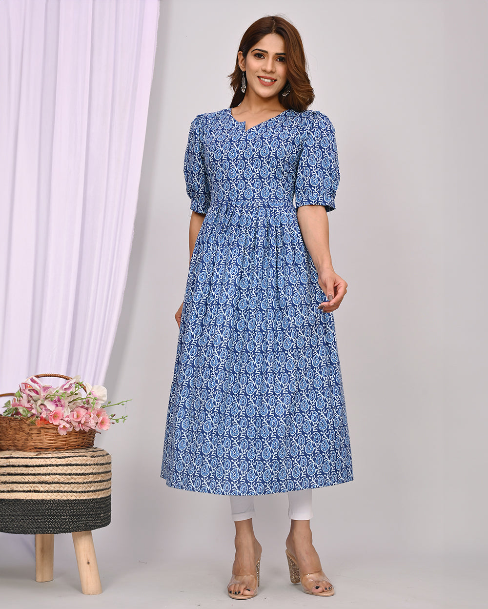 Indigo Buti Printed Knee Length Nayra Cut Cotton Kurti