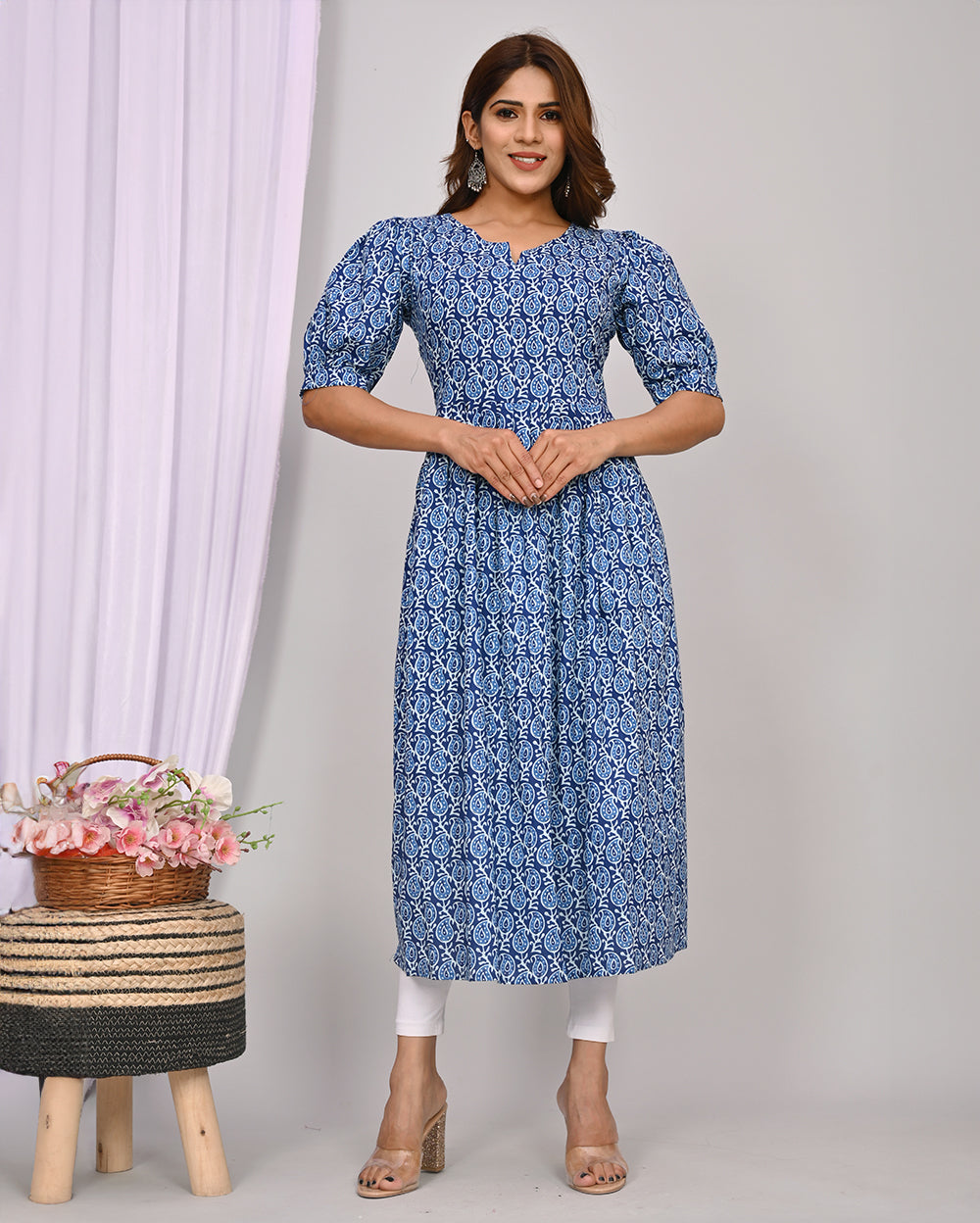 Indigo Buti Printed Knee Length Nayra Cut Cotton Kurti
