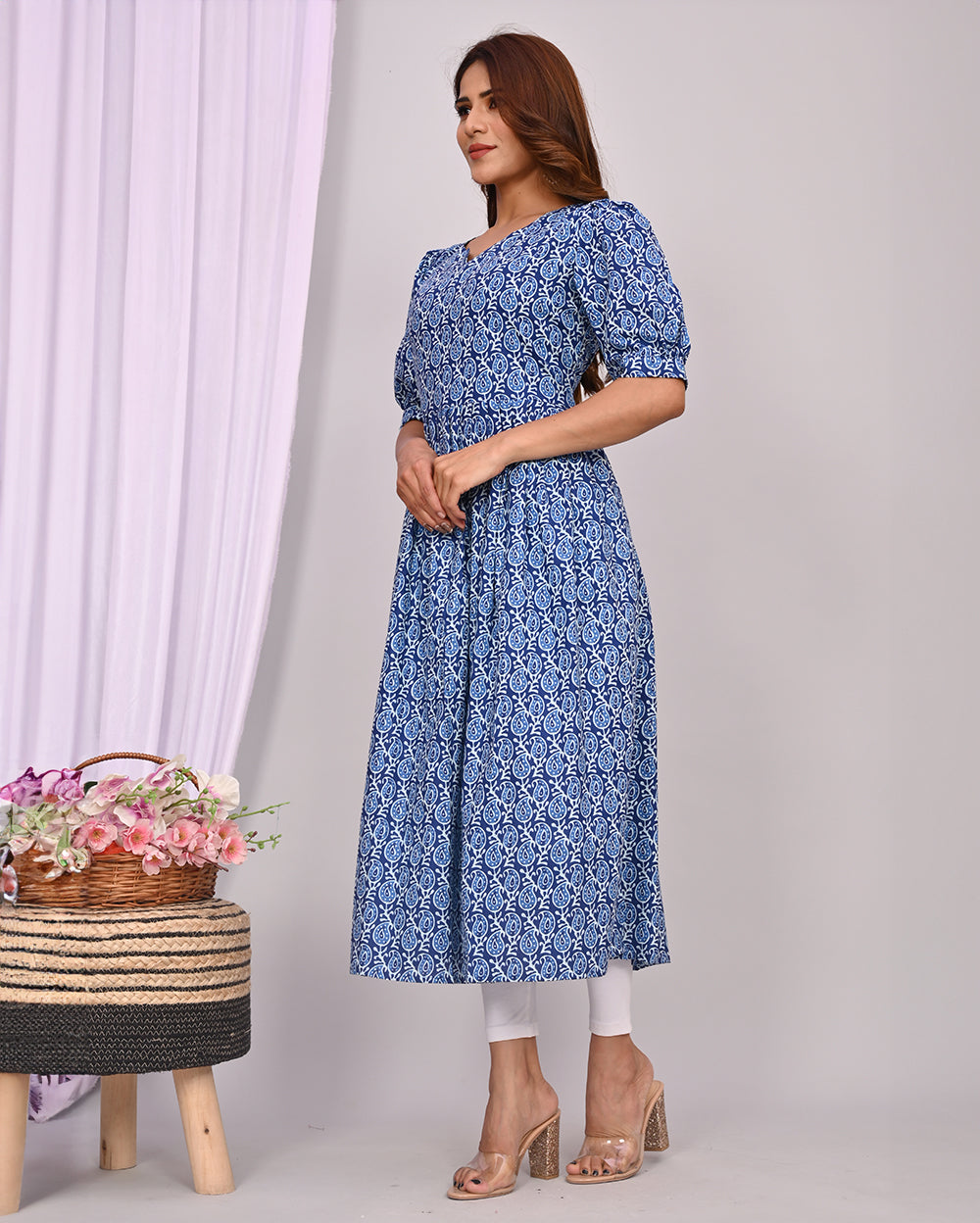 Indigo Buti Printed Knee Length Nayra Cut Cotton Kurti