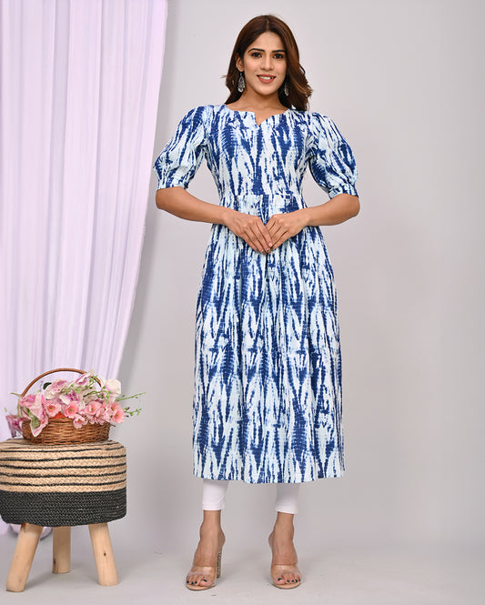 White & Blue Printed Knee Length Nayra Cut Cotton Kurti
