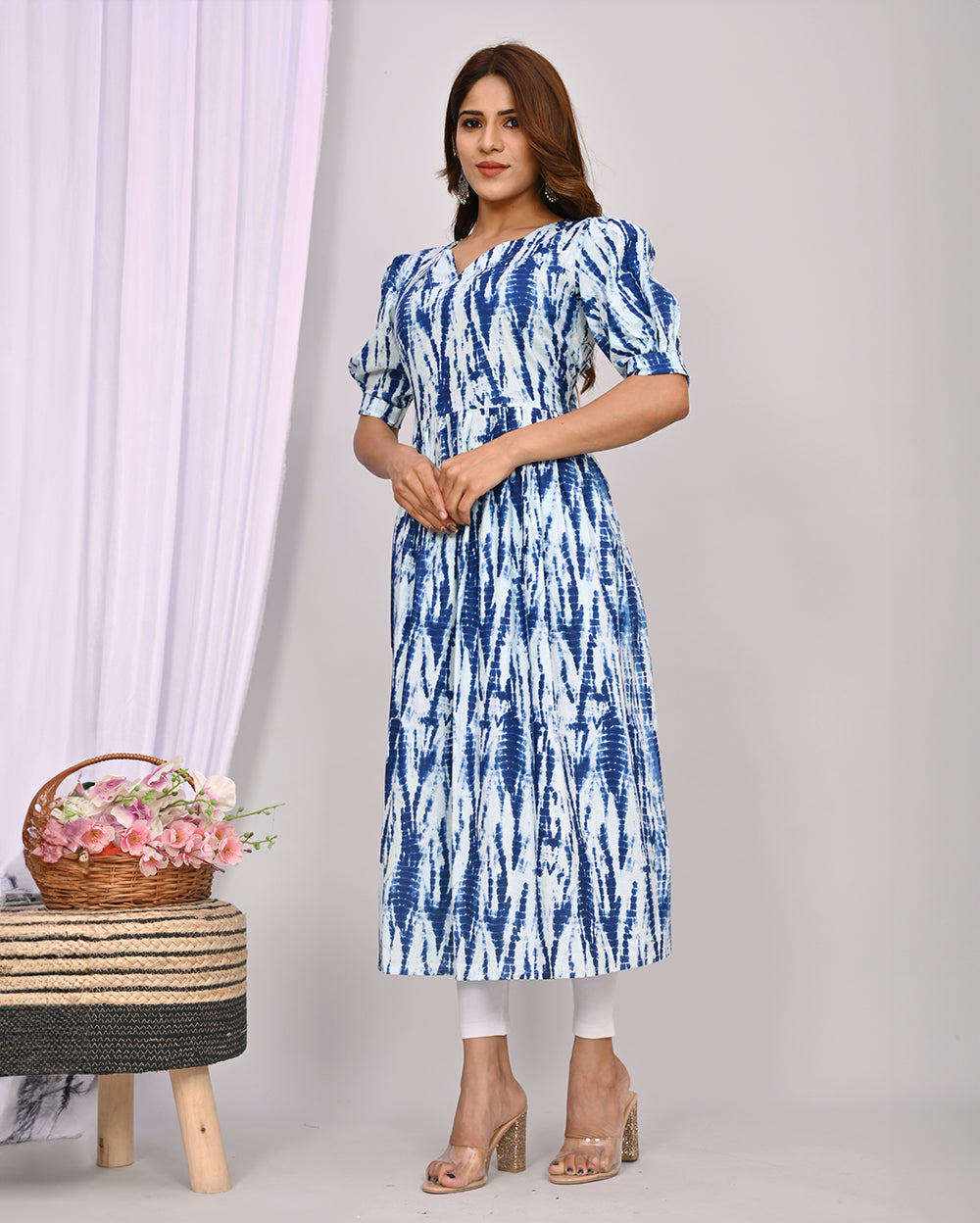 White & Blue Printed Knee Length Nayra Cut Cotton Kurti