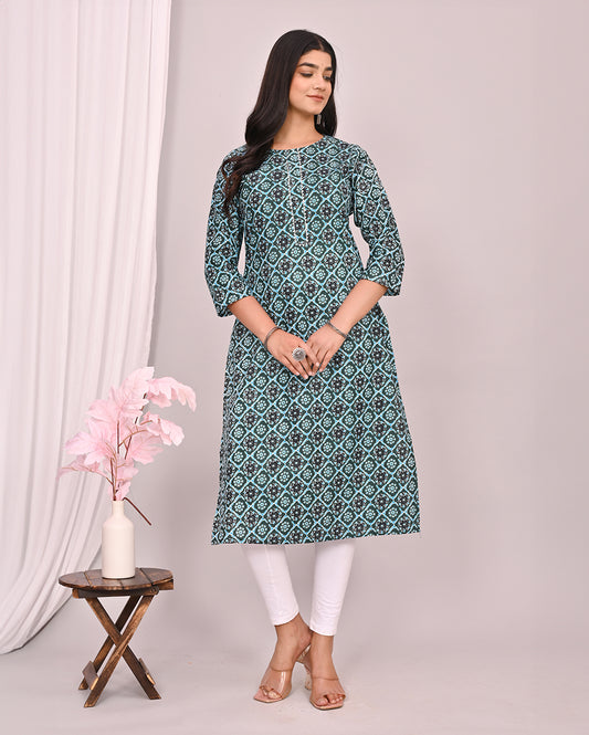 Dark Ocean Blue Ajrakh Block Printed Knee Length Cotton Kurti