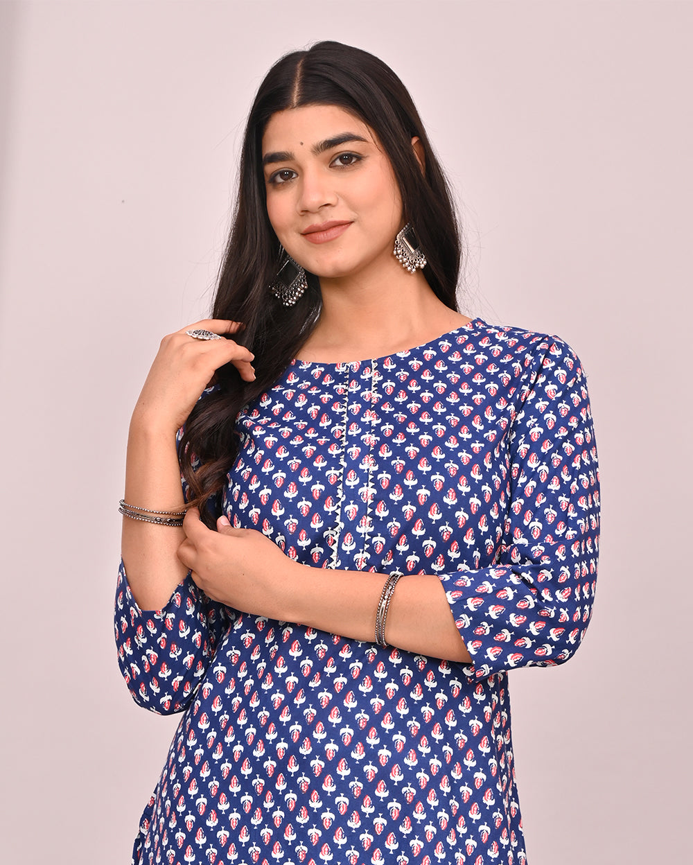 Blue Indigo Buti Block Printed Knee Length Cotton Kurti
