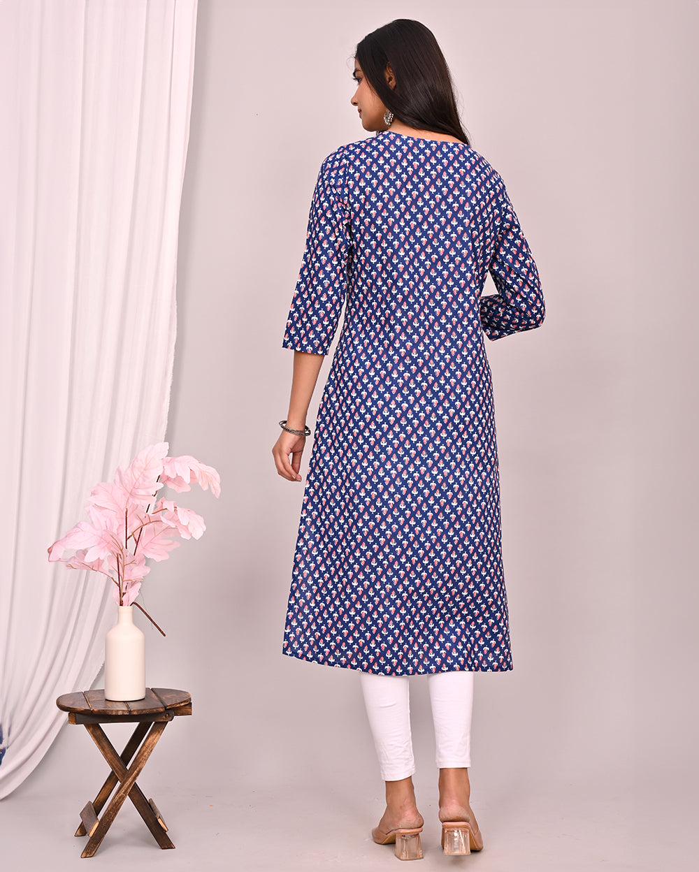 Blue Indigo Buti Block Printed Knee Length Cotton Kurti