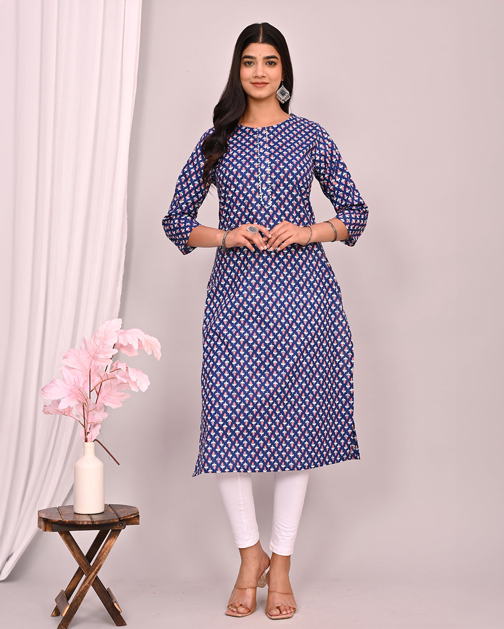 Blue Indigo Buti Block Printed Knee Length Cotton Kurti