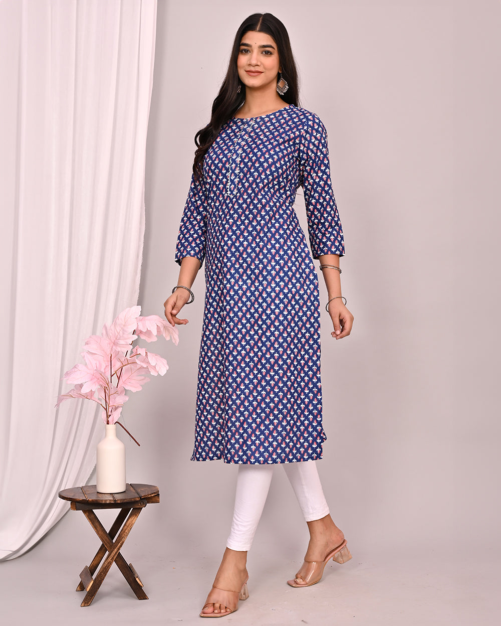Blue Indigo Buti Block Printed Knee Length Cotton Kurti
