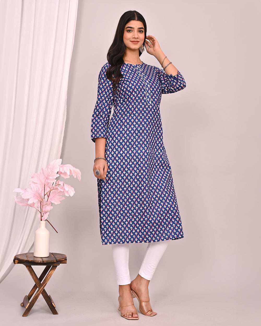 Blue Indigo Buti Block Printed Knee Length Cotton Kurti