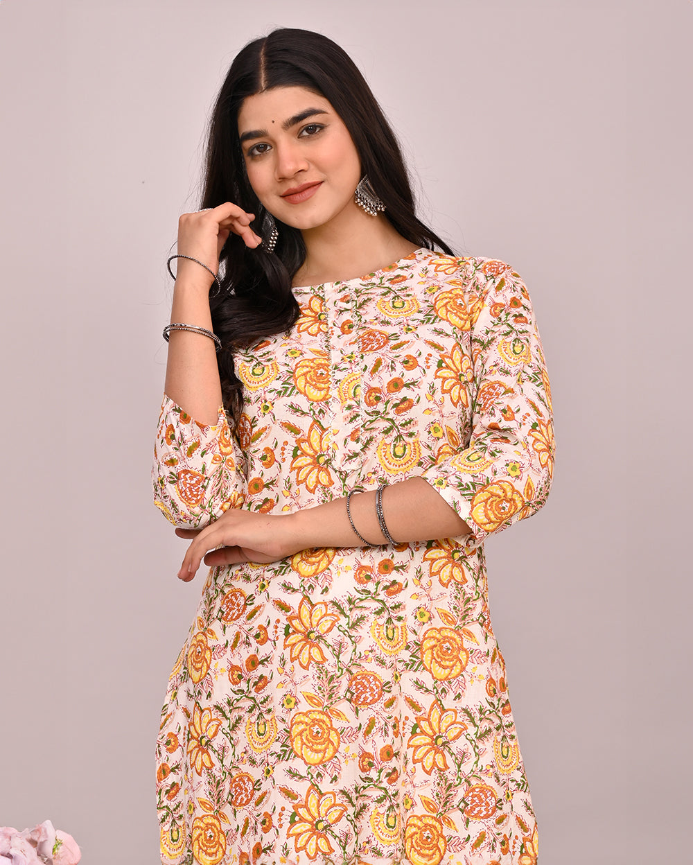 White Floral Block Printed Knee Length Cotton Kurti