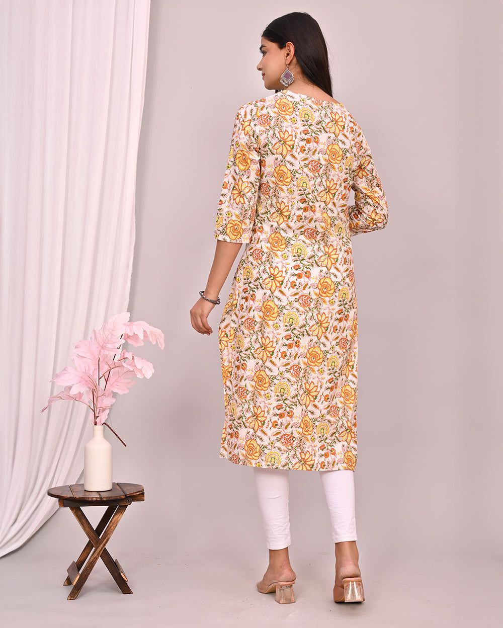 White Floral Block Printed Knee Length Cotton Kurti