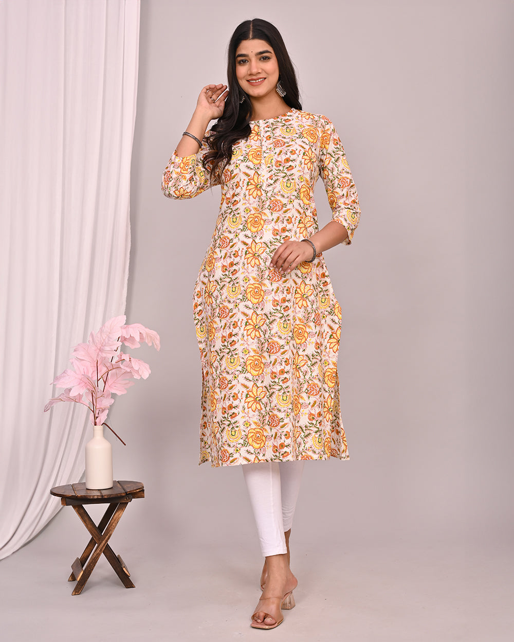 White Floral Block Printed Knee Length Cotton Kurti