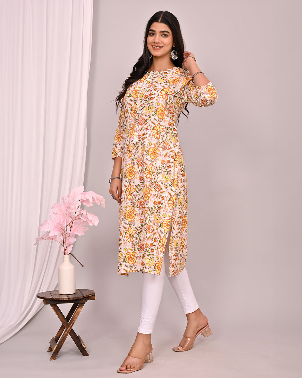 White Floral Block Printed Knee Length Cotton Kurti