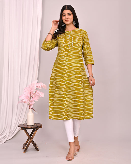 Golden Green Block Printed Knee Length Cotton Kurti