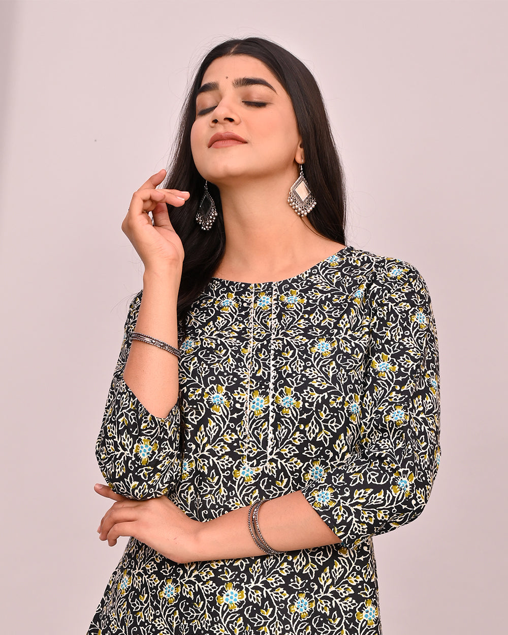 Black Ajrakh Block Printed Knee Length Cotton Kurti