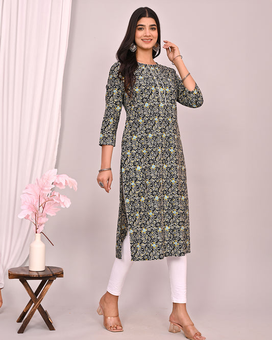 Black Ajrakh Block Printed Knee Length Cotton Kurti