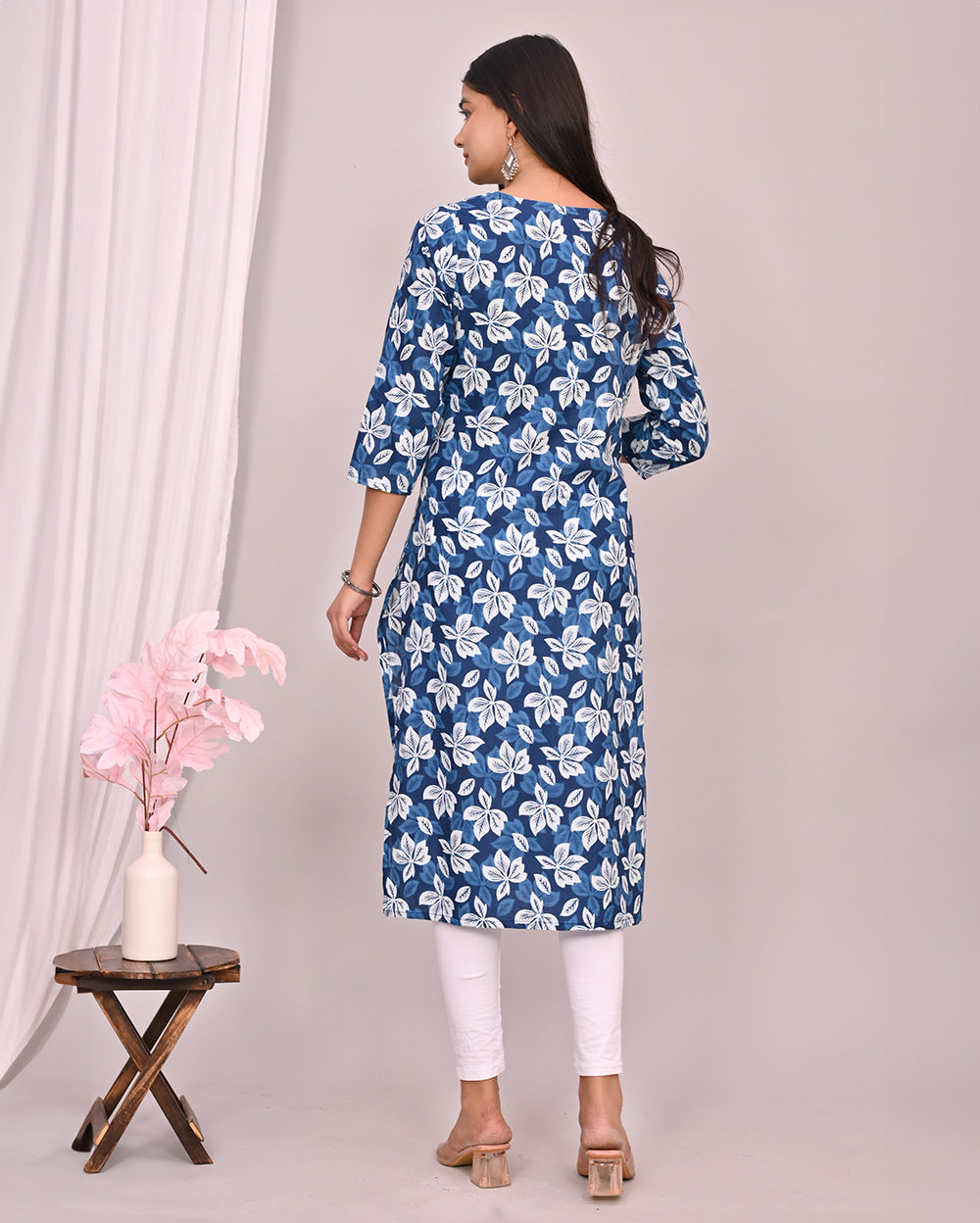 Blue Floral Block Printed Knee Length Cotton Kurti