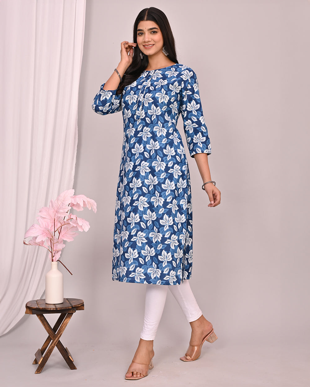 Blue Floral Block Printed Knee Length Cotton Kurti