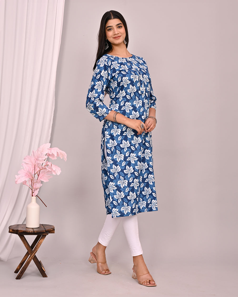 Blue Floral Block Printed Knee Length Cotton Kurti