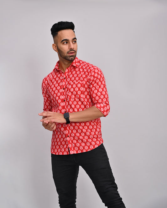 Red Buti Hand Printed Cotton Men's Shirt