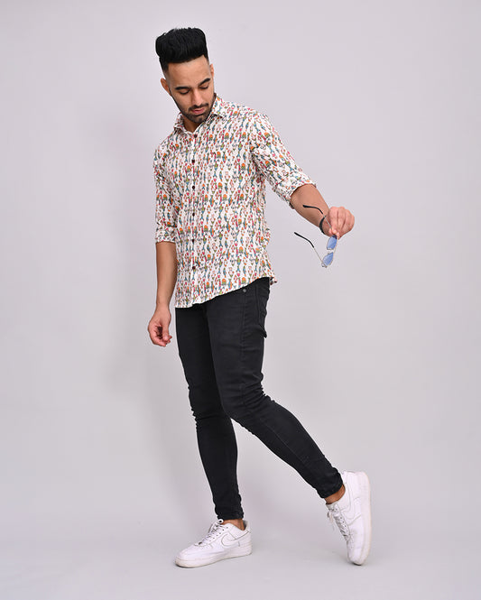 Multi Color Fish Hand Printed Cotton Men's Shirt