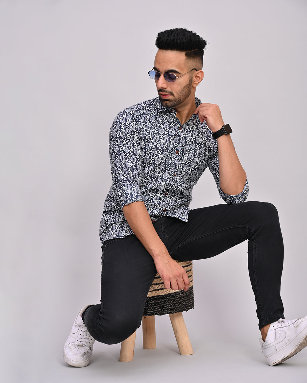 Black Buti Hand Printed Cotton Men's Shirt