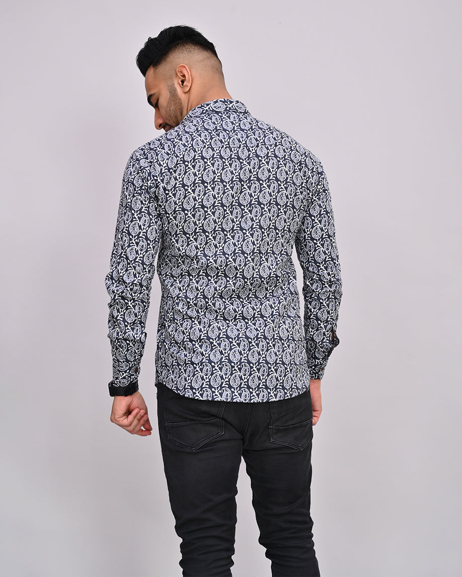 Black Buti Hand Printed Cotton Men's Shirt