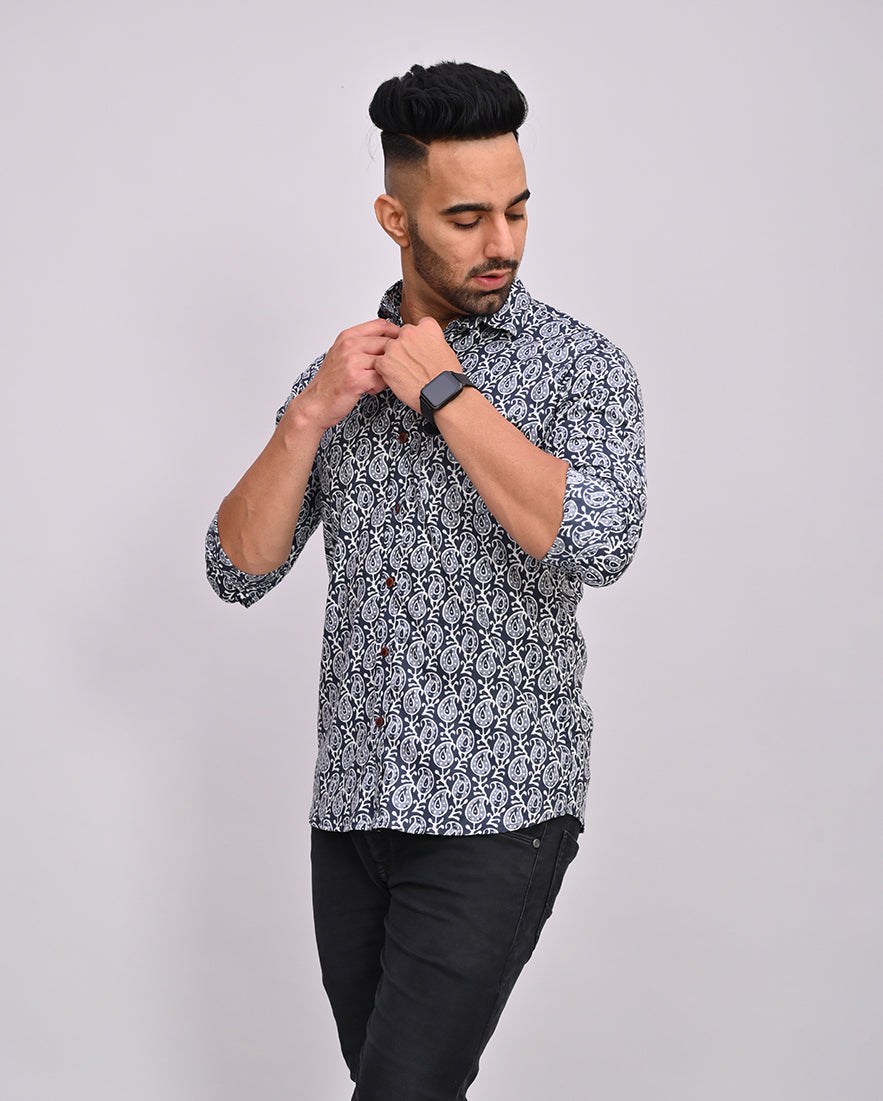 Black Buti Hand Printed Cotton Men's Shirt
