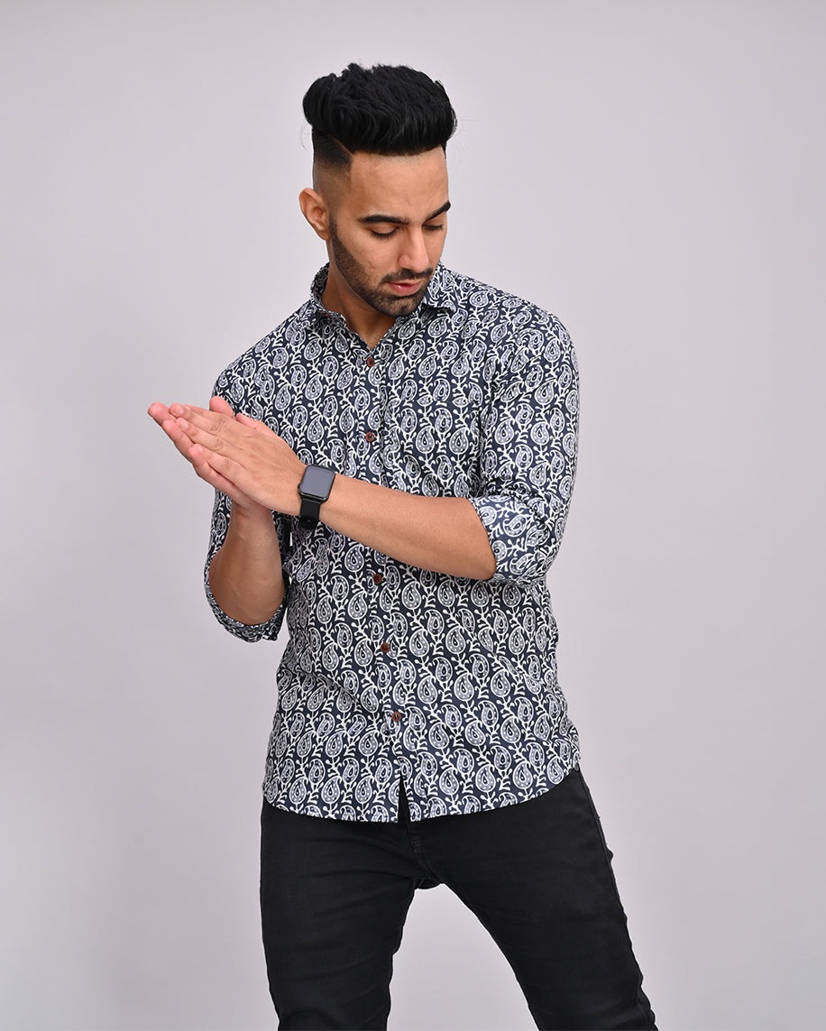 Black Buti Hand Printed Cotton Men's Shirt