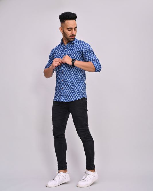 Indigo Buti Hand Printed Cotton Men's Shirt