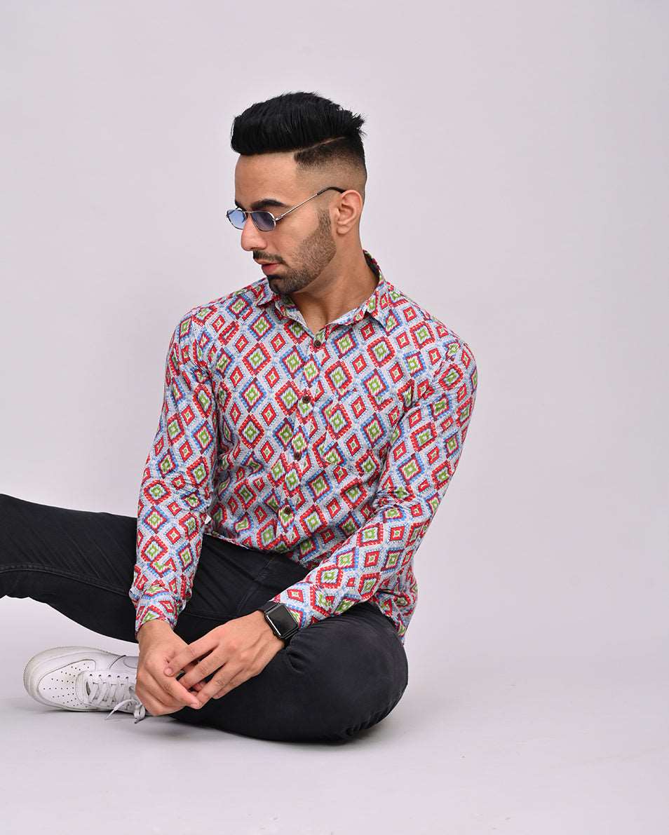 Red Gray Hand Printed Cotton Men's Shirt