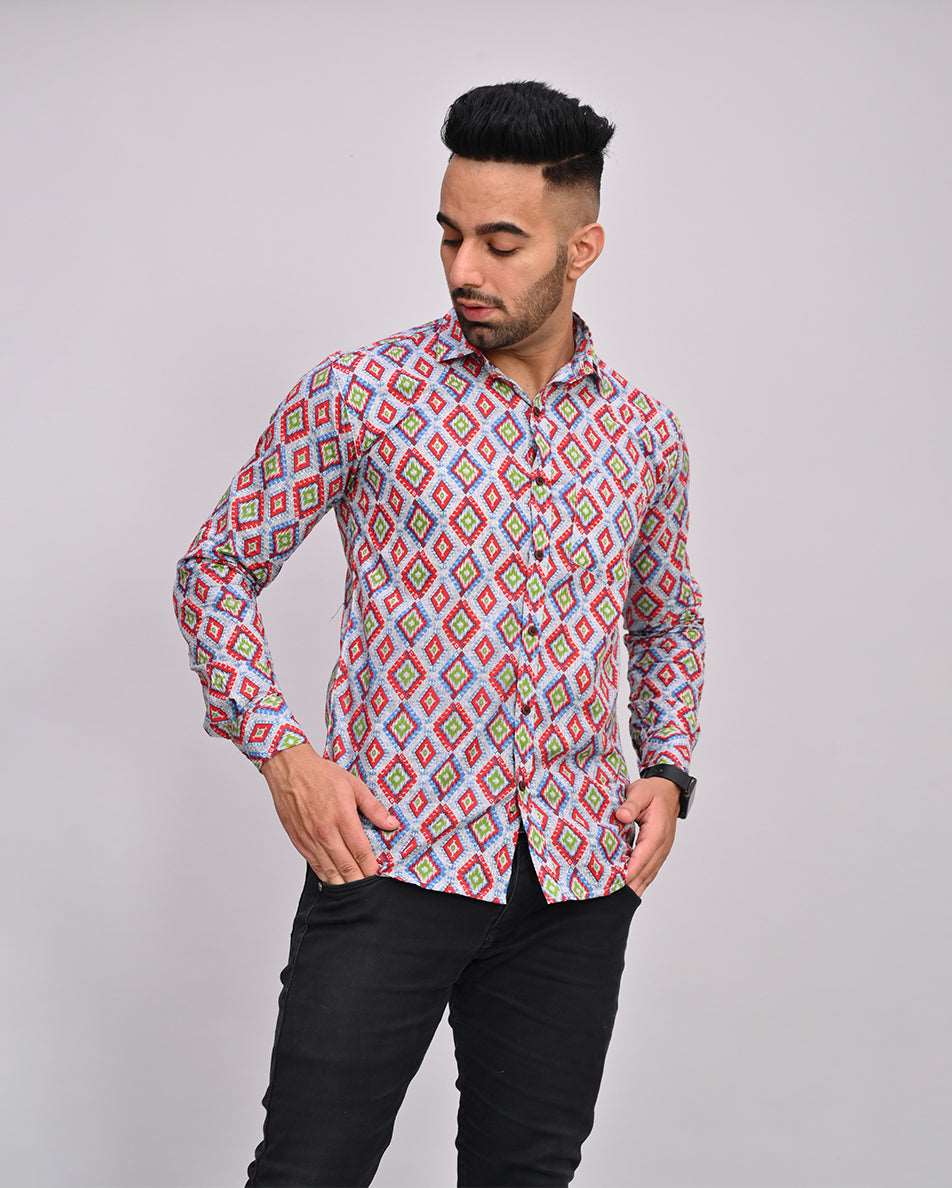 Red Gray Hand Printed Cotton Men's Shirt