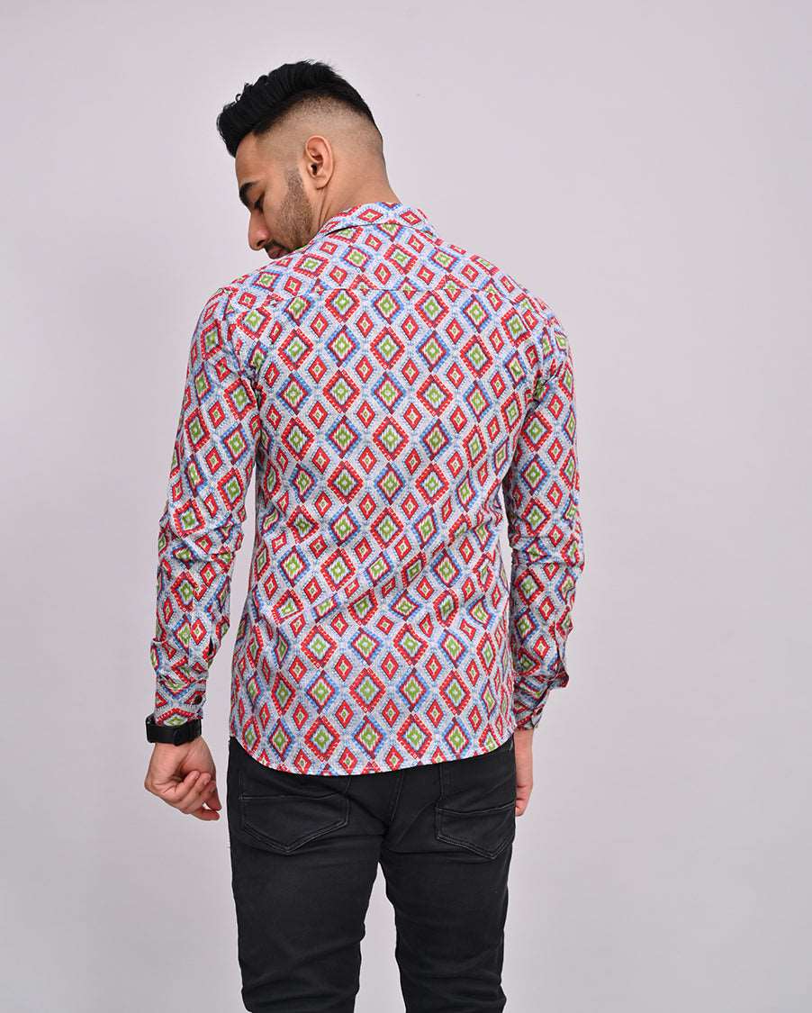 Red Gray Hand Printed Cotton Men's Shirt
