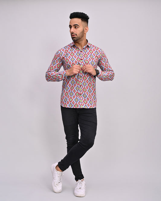 Red Gray Hand Printed Cotton Men's Shirt