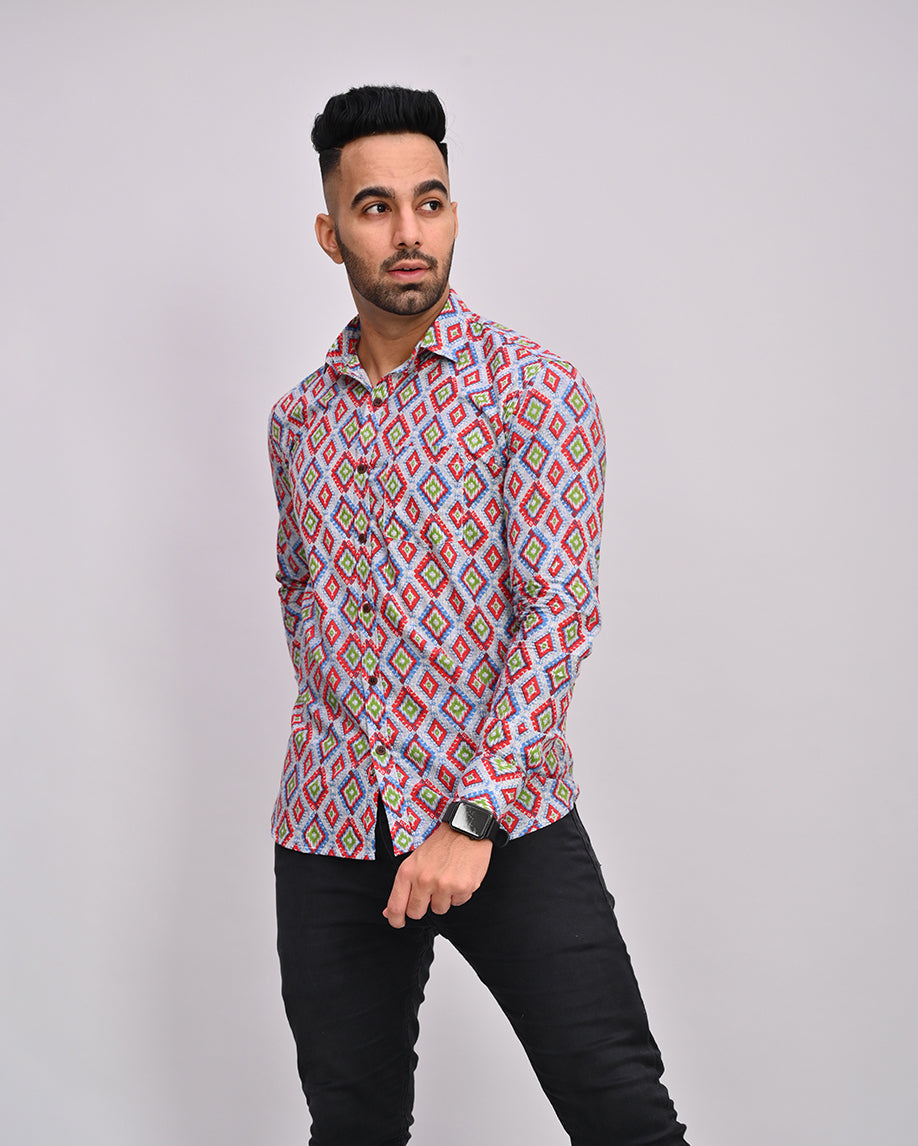 Red Gray Hand Printed Cotton Men's Shirt