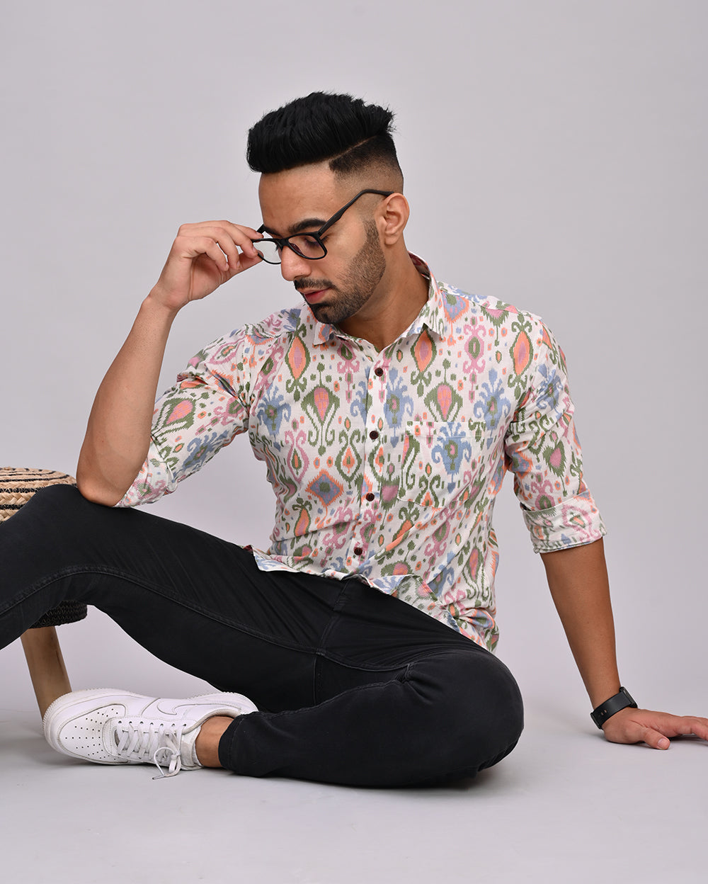 White Abstract Printed Cotton Men's Shirt