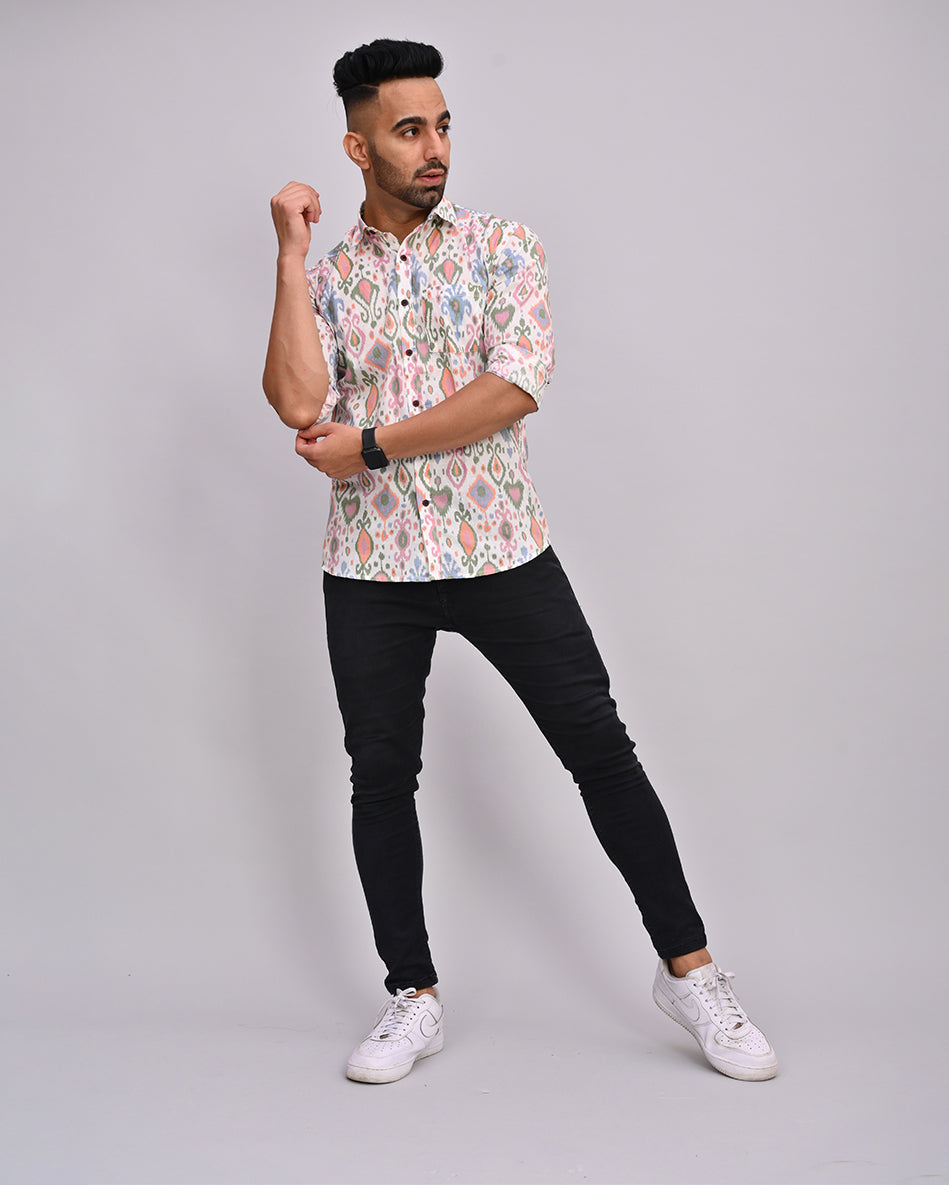 White Abstract Printed Cotton Men's Shirt